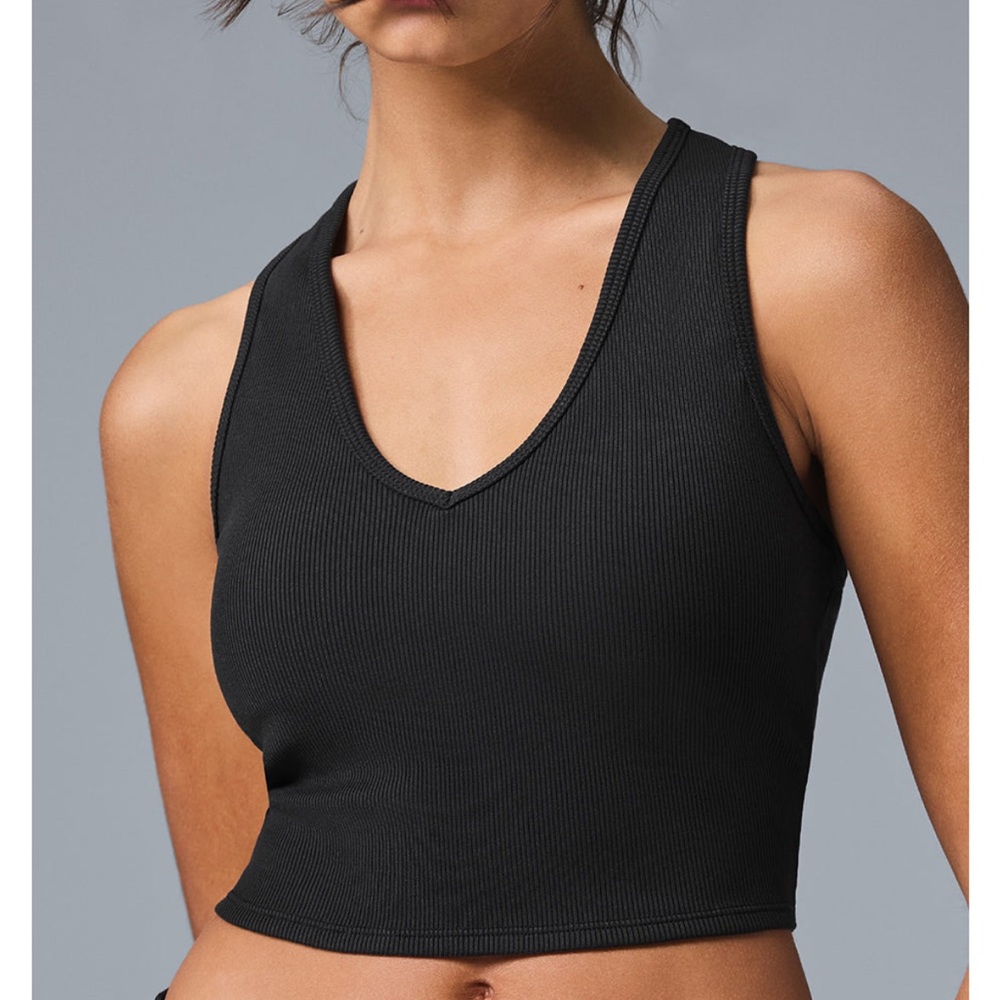 ALO Yoga Goddess Ribbed Cropped Racerback Tank Top Black Women’s XS